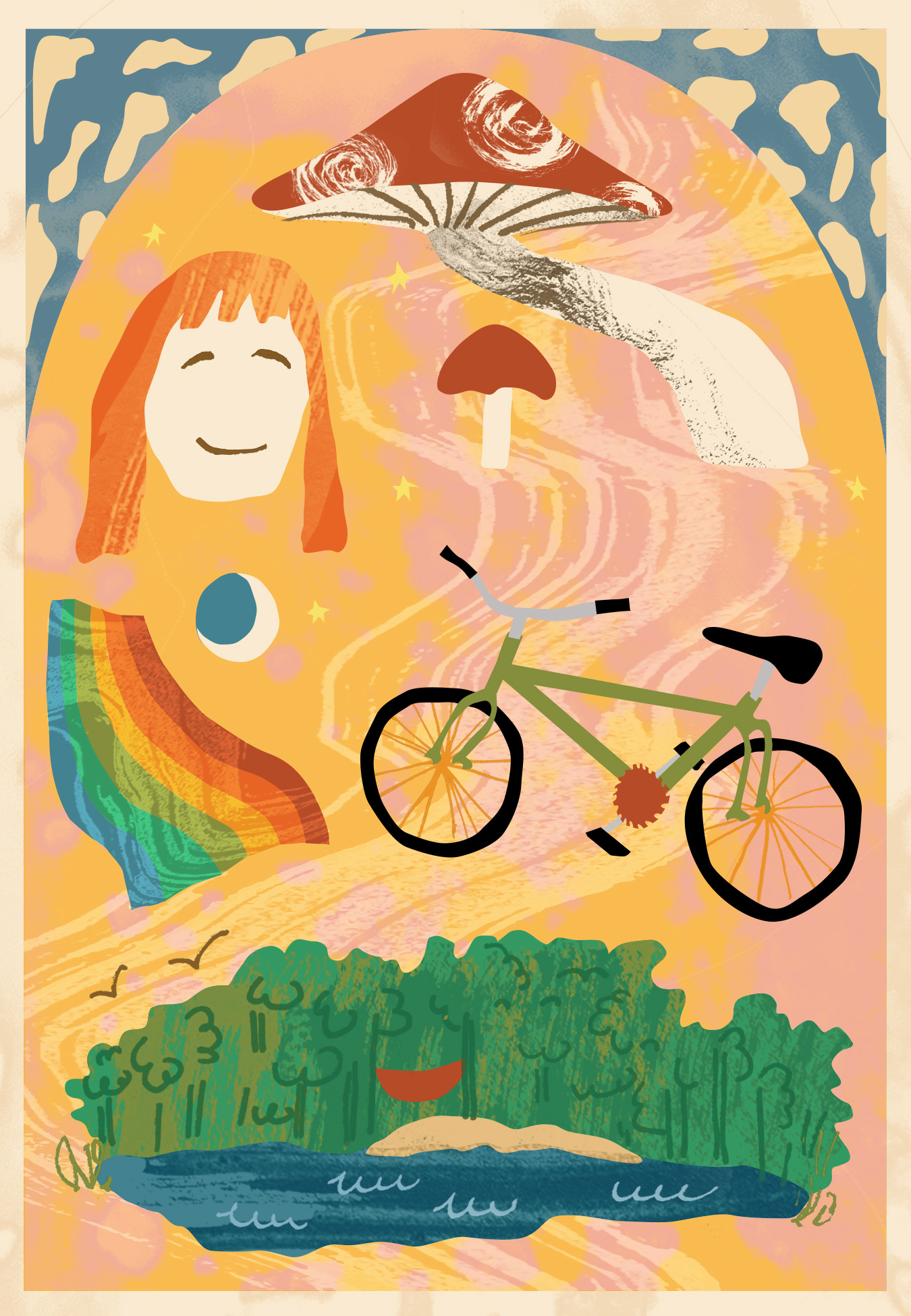 Illustrated image of a collage of mushroom, smiling girl, rainbow, bicycle, and a lake