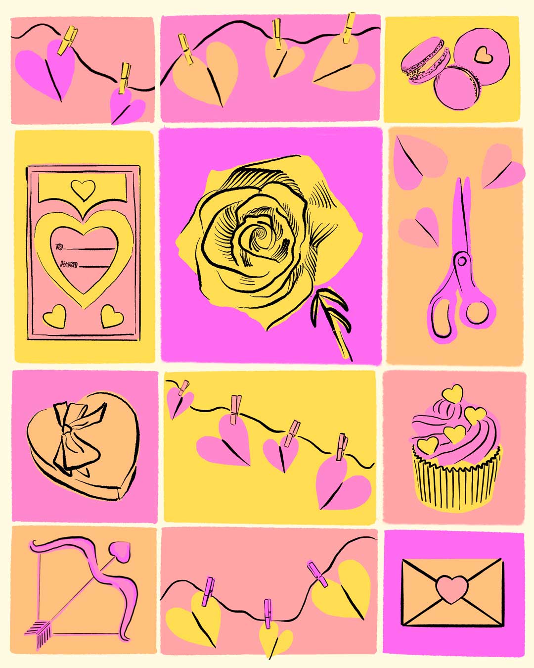 Illustrated image of pink, yellow, and peach colored Valentine's Day decor and treats such as a chocolate box, scissors cutting out paper hearts, a rose, and valentines cards