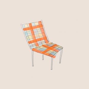 Simple illustration of red, blue, and yellow folding lawn chair