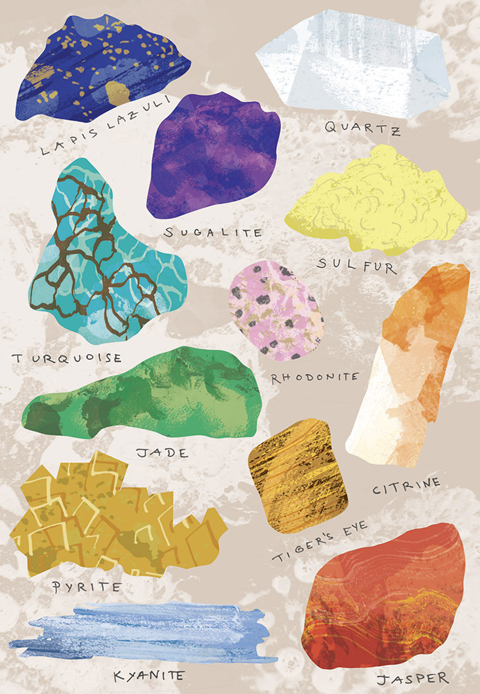 Illustrated image of several types of rocks and text reading "Lapis Lazuli, Sugalite, Quartz, Turquoise, Rhodonite, Citrine, Sulfur, Pyrite, Tiger's Eye, Jasper, Kyanite"