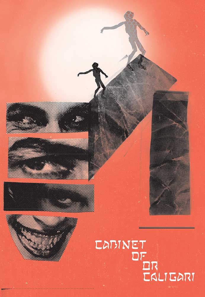 Graphic design work of a mock movie poster for the movie "Cabinet of Dr. Caligari" with images of the lead actor Conrad Veidt