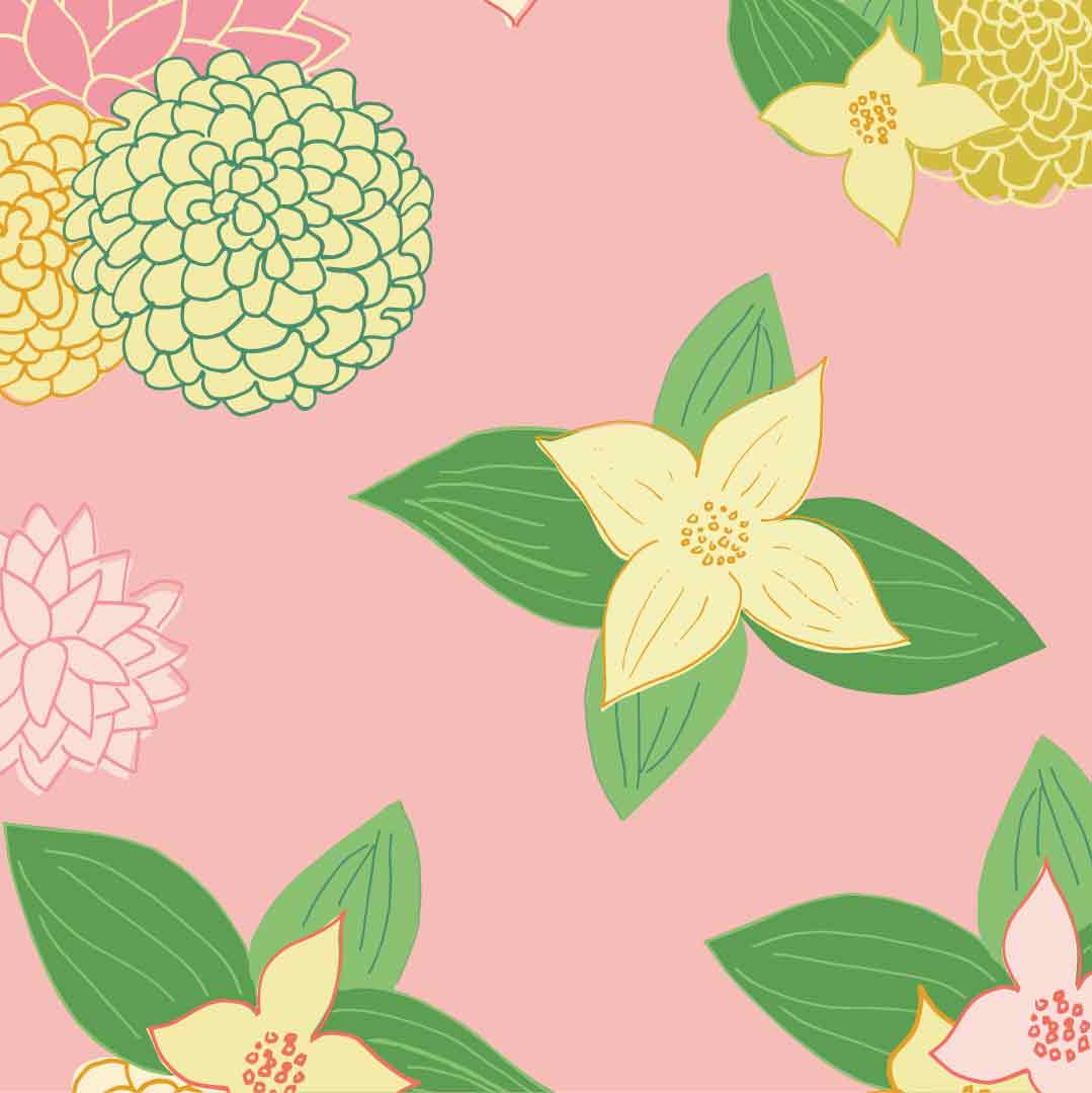 Image of cream and pink colored illustrated flowers such as Trillium on a baby pink background