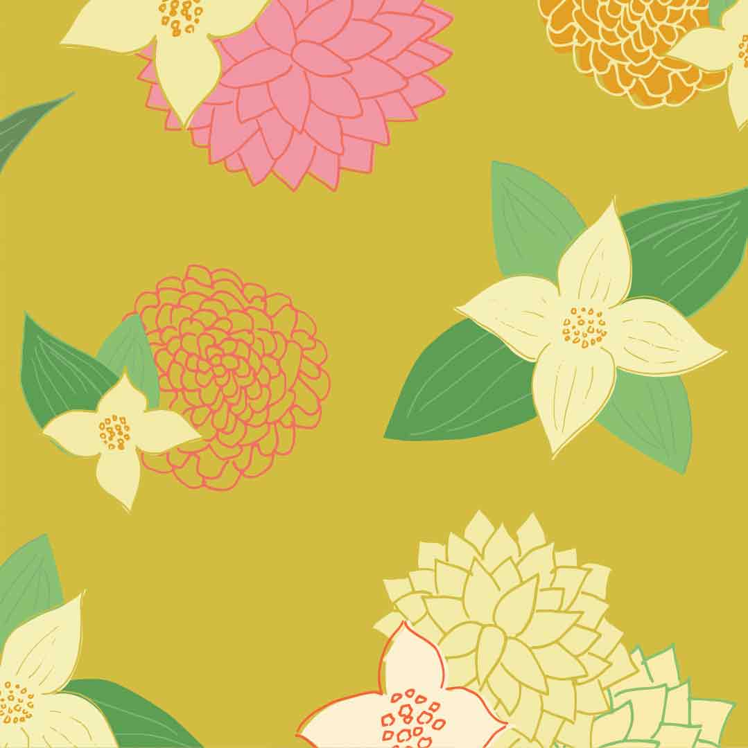 Image of cream and pink colored illustrated flowers such as Trillium on a mustard yellow background