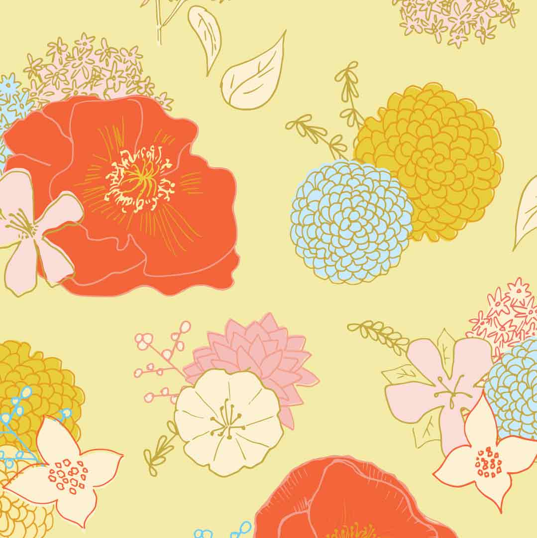 illustration of various flowers colored red, light blue, yellow and pink on a pastel yellow background