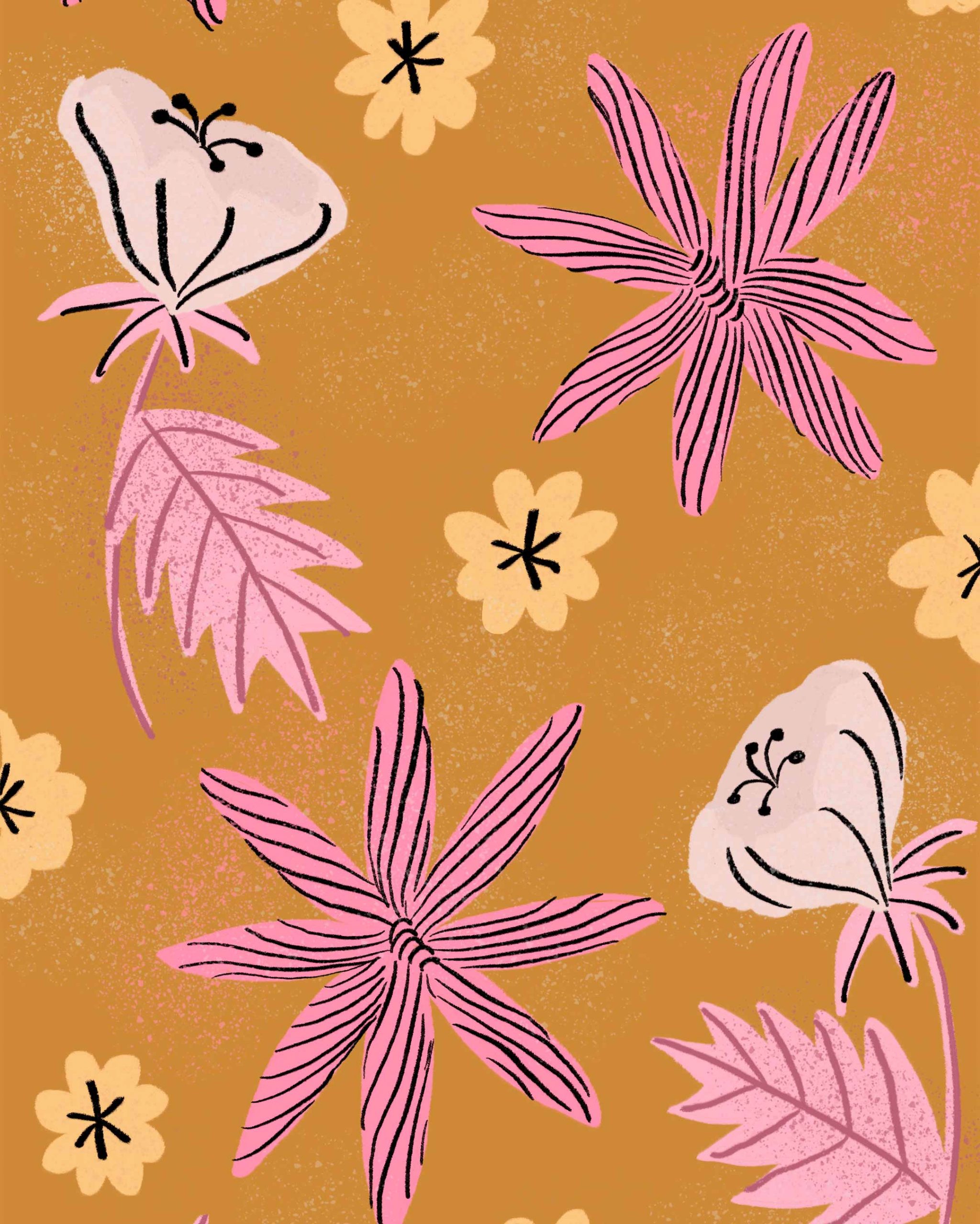 Illustration in a retro style with pink, light yellow, and cream flowers on a dark mustard yellow background