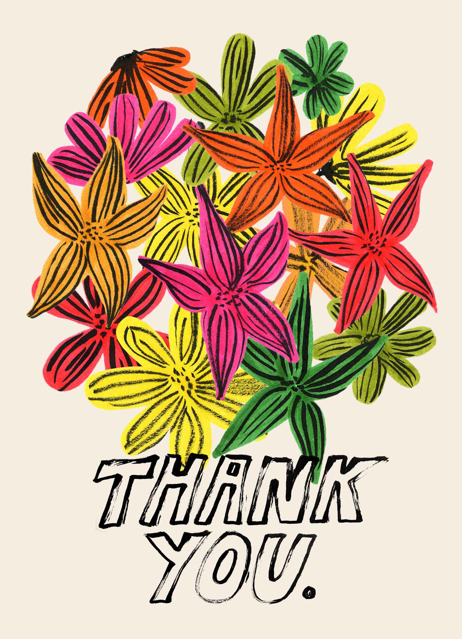 Illustration with the text thank you with many brightly colored flowers above it